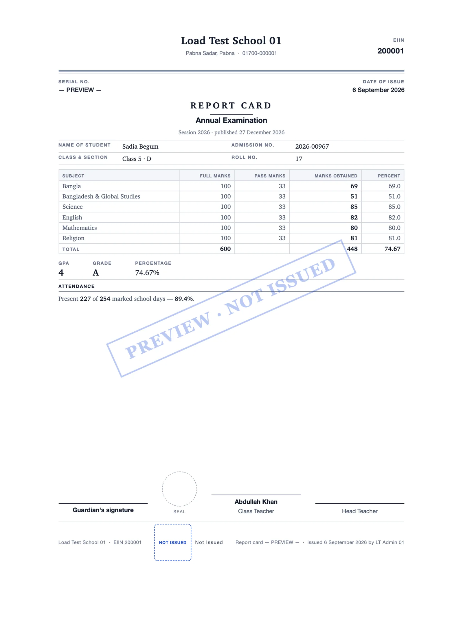 Printed report card