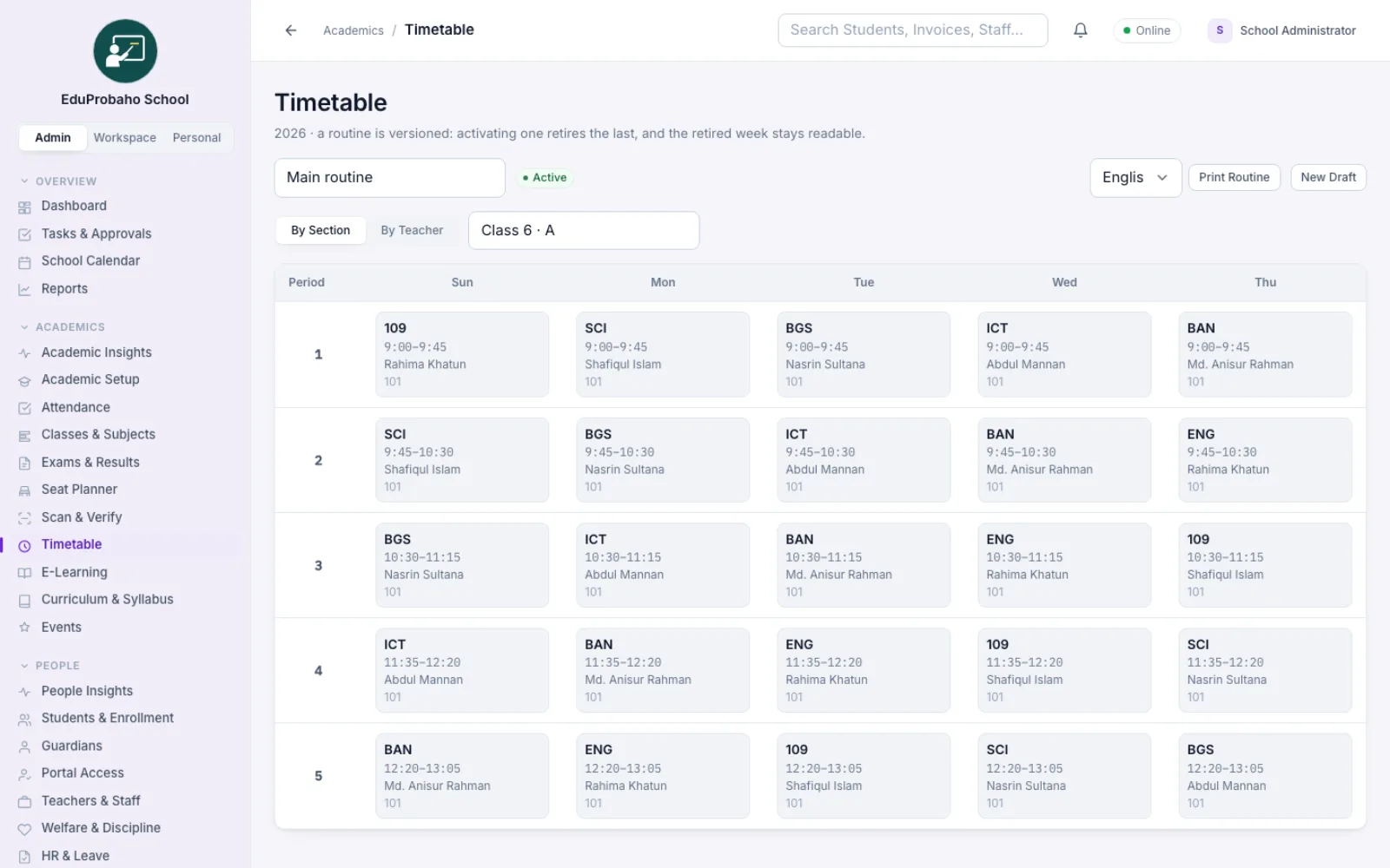 Timetable week grid