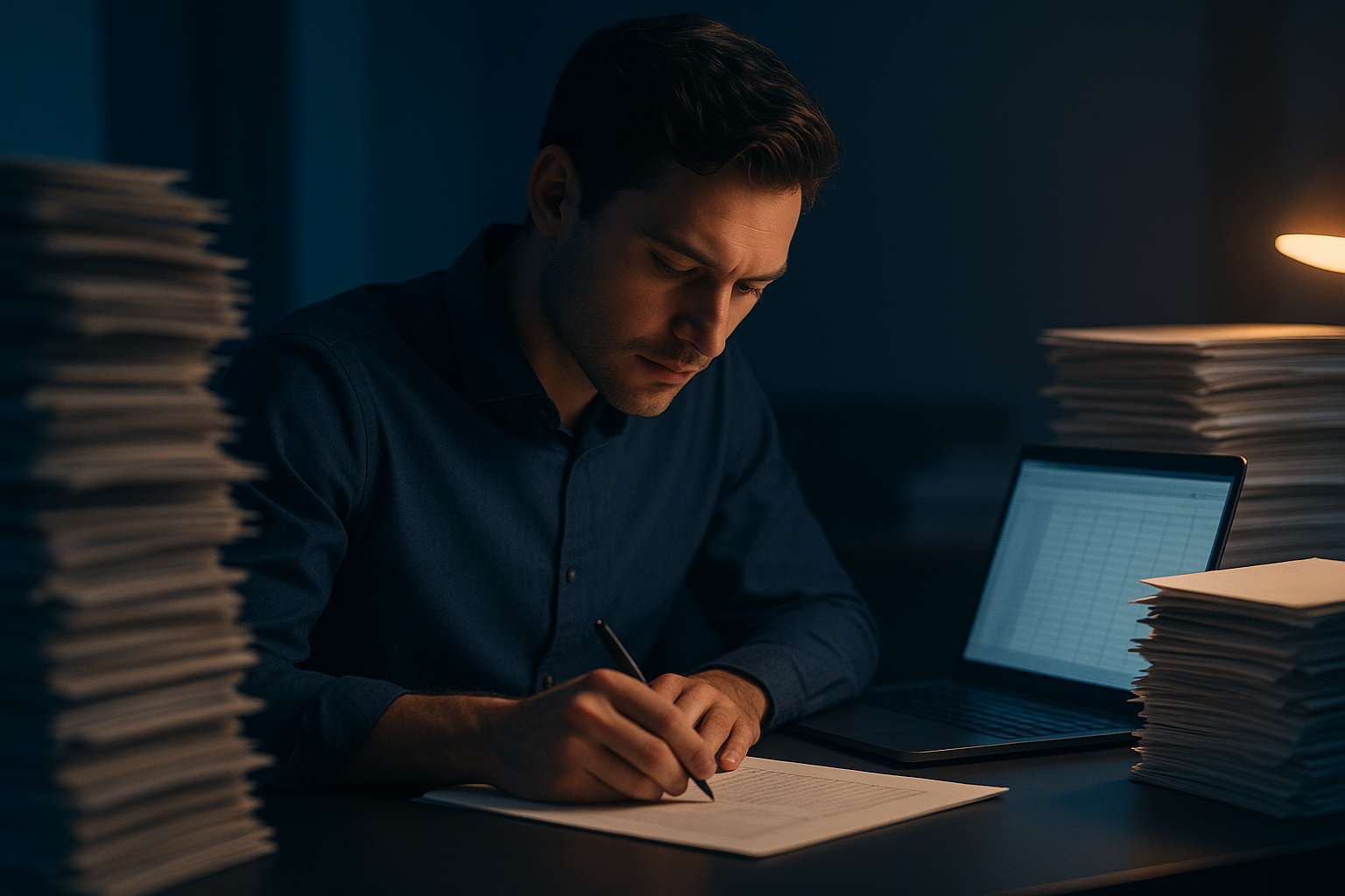 An employee inputting data into Excel with papers around.