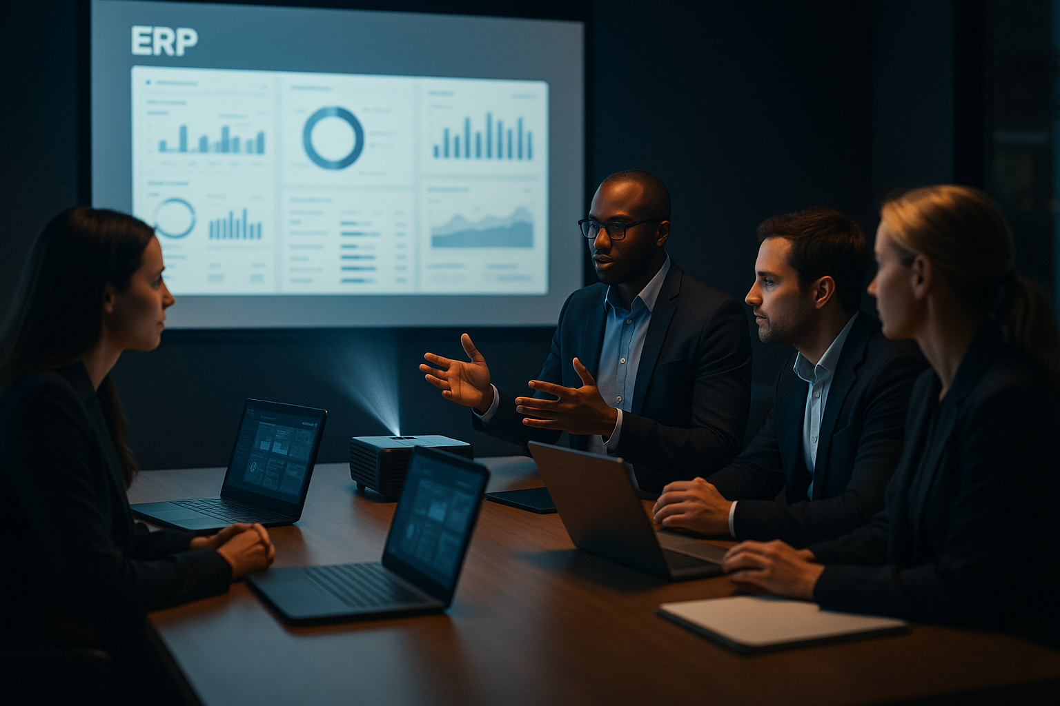 Team discussing ERP integration with dashboards.