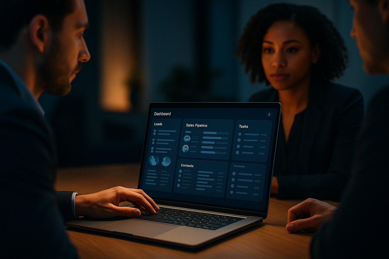 Sales team using CRM software on laptop.