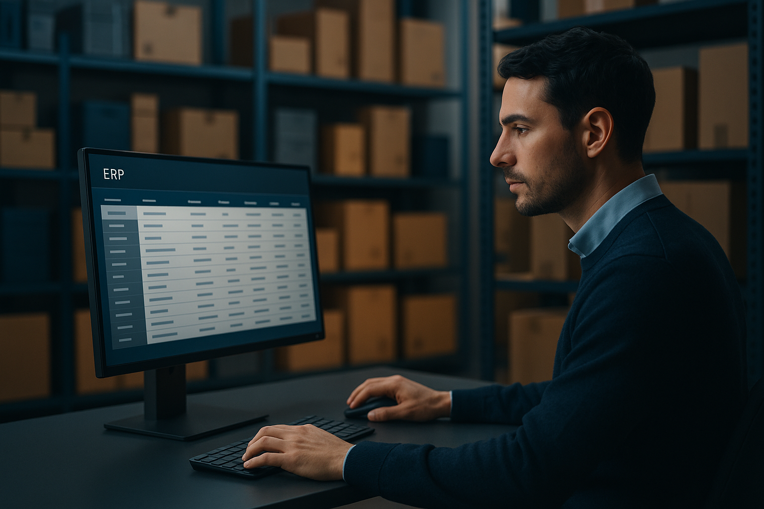 Employee using ERP system for inventory management.