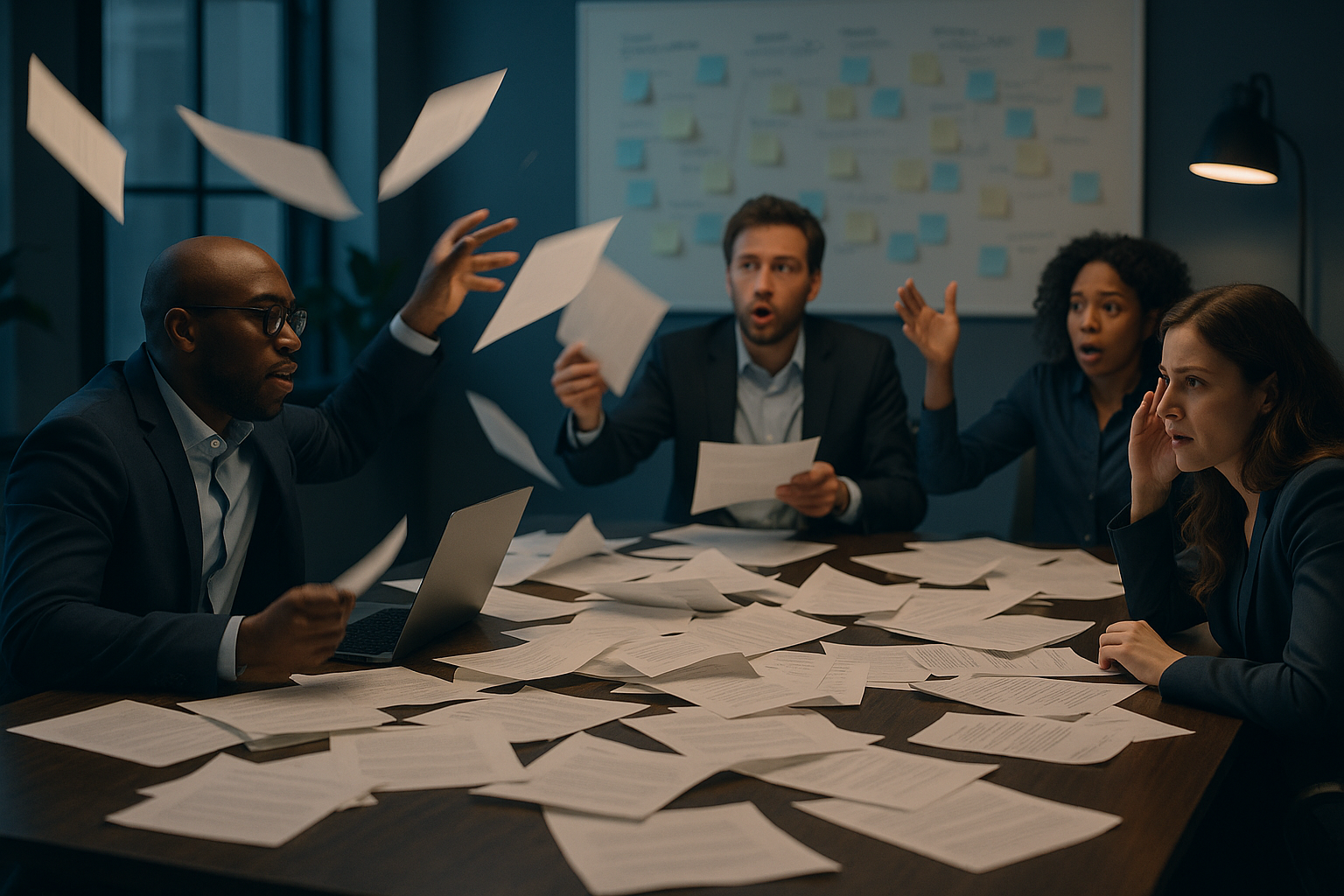 A team in a chaotic meeting with scattered papers.
