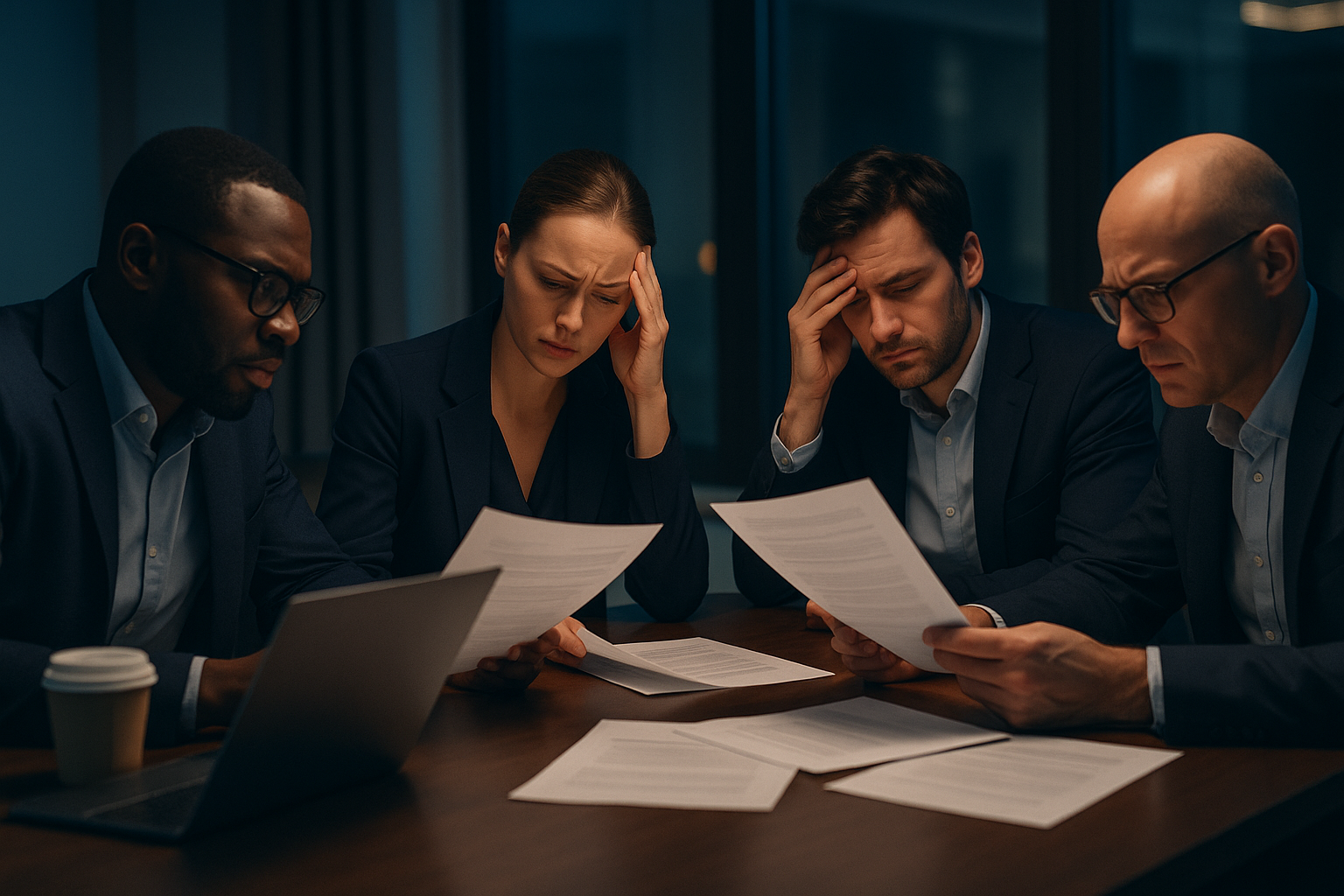 Business team in a meeting, visibly frustrated with document delays.
