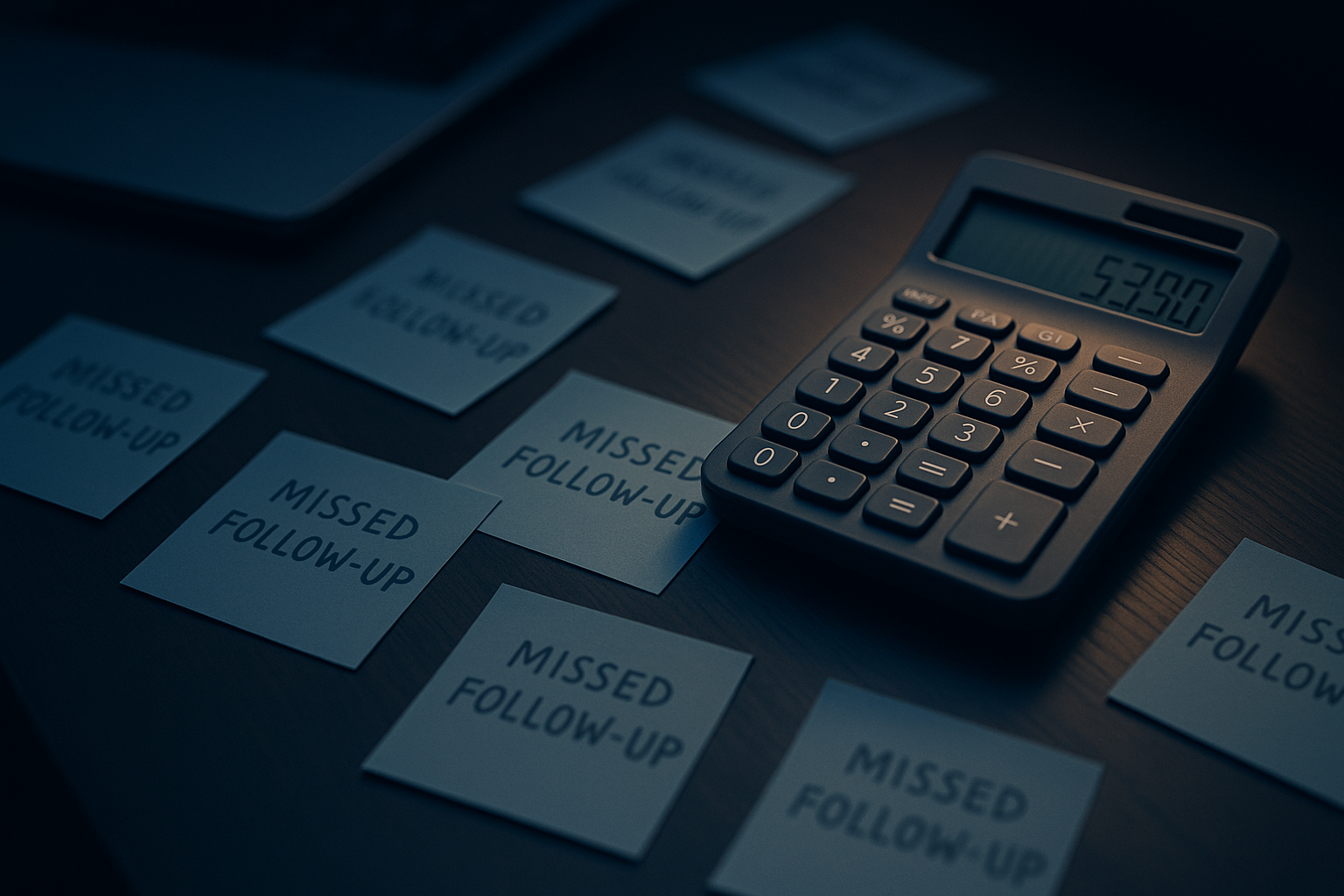 Desk with missed follow-up reminders and financial figures.