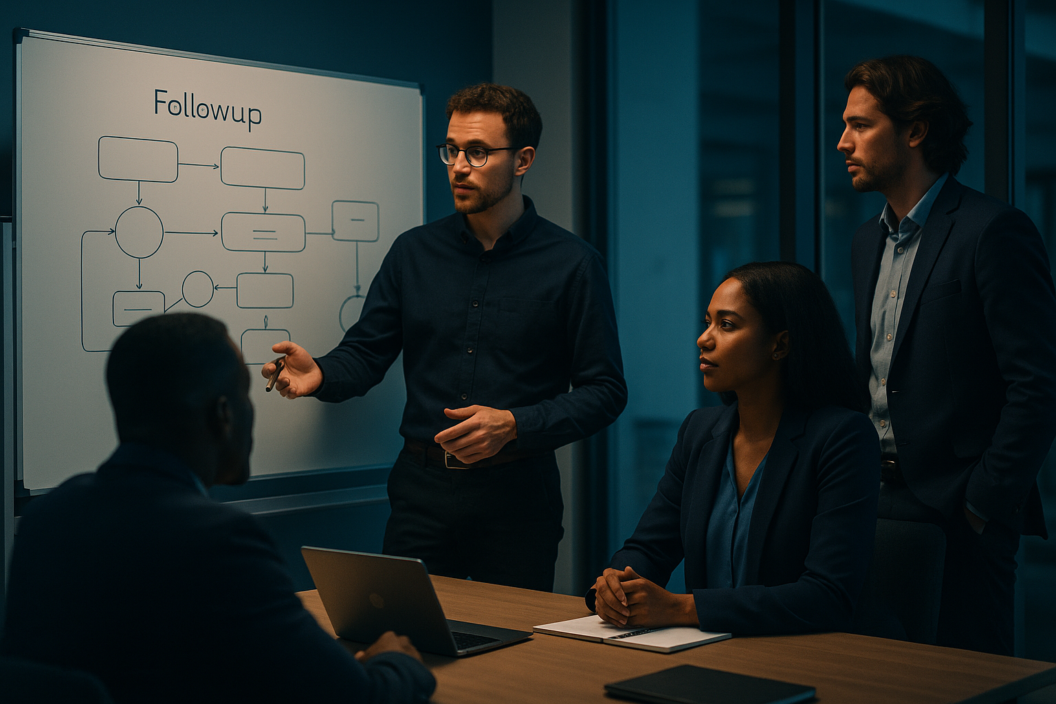 Team reviewing follow-up strategy on a whiteboard.