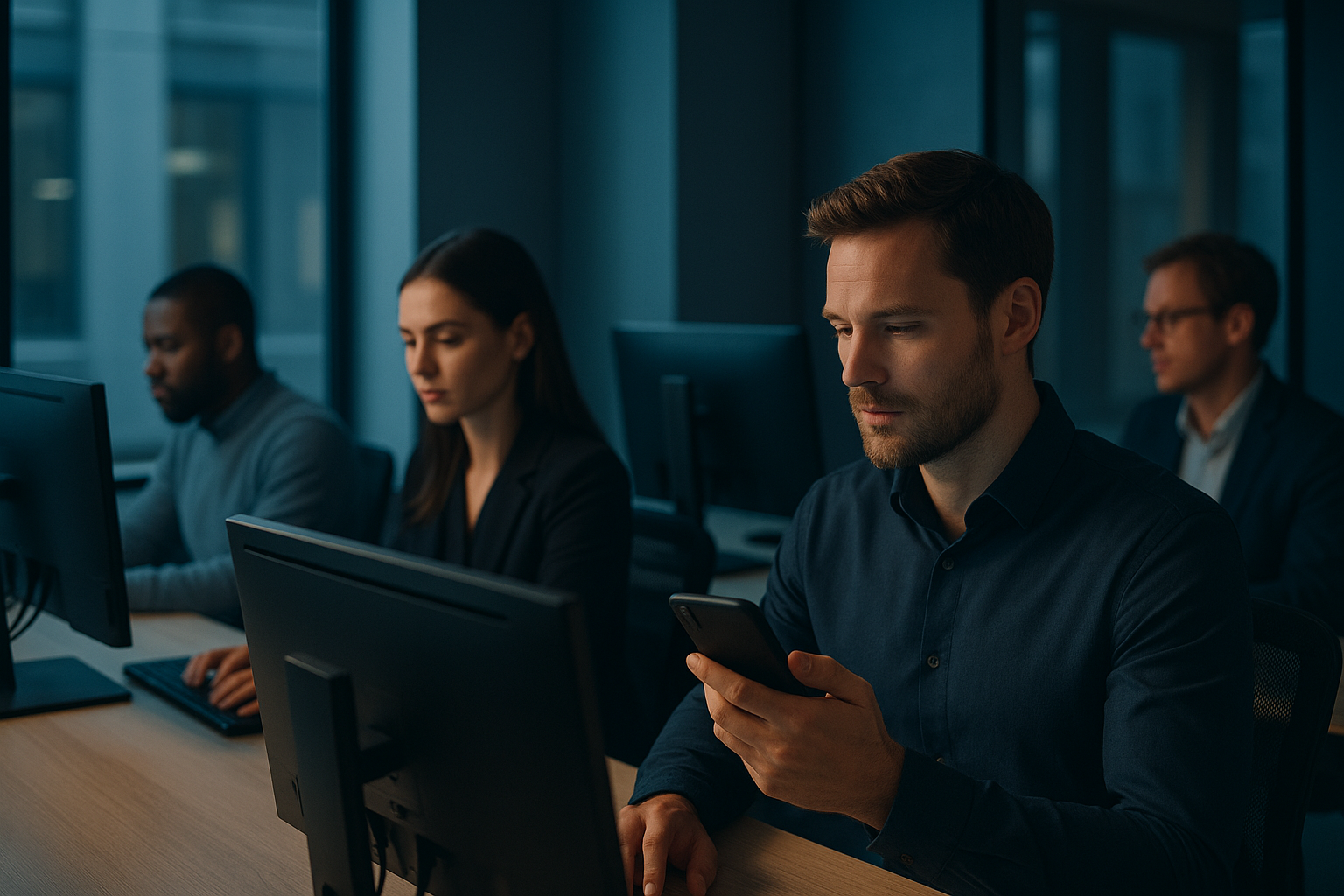 Employees in an office, one on a phone call.