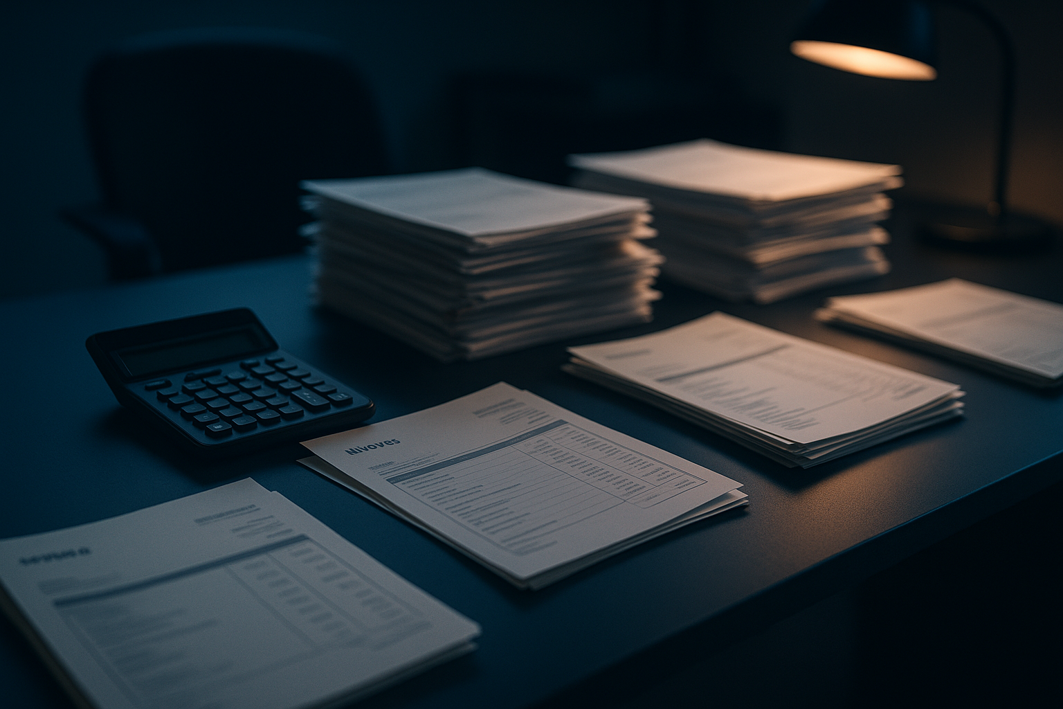 Stack of invoices and calculator on cluttered desk.