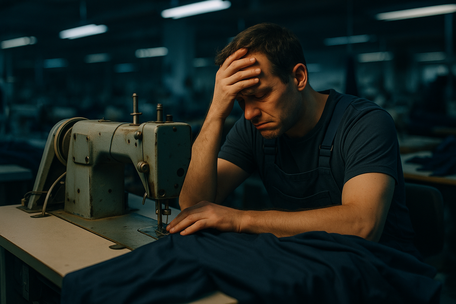 Arbeiter, der mit veralteter Technologie in der Bekleidungsproduktion arbeitet.