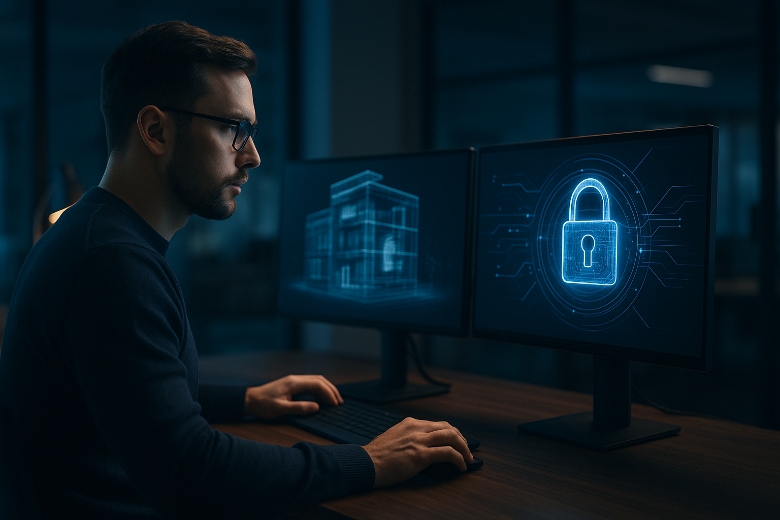 IT specialist configuring digital twin system.