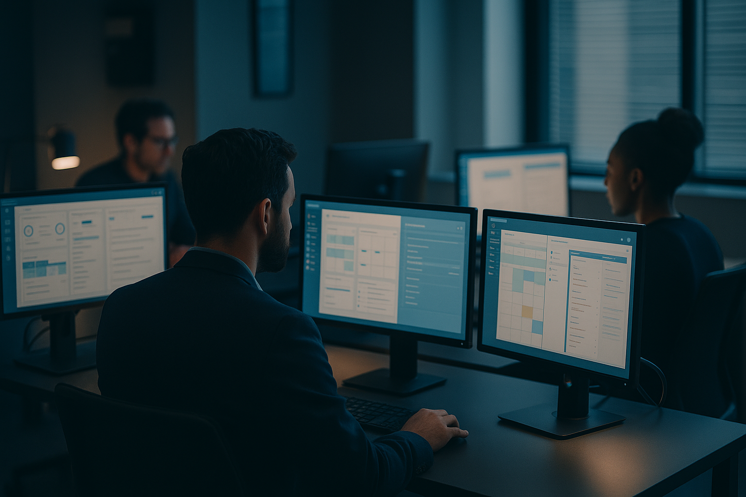 Employees using different software interfaces at work.