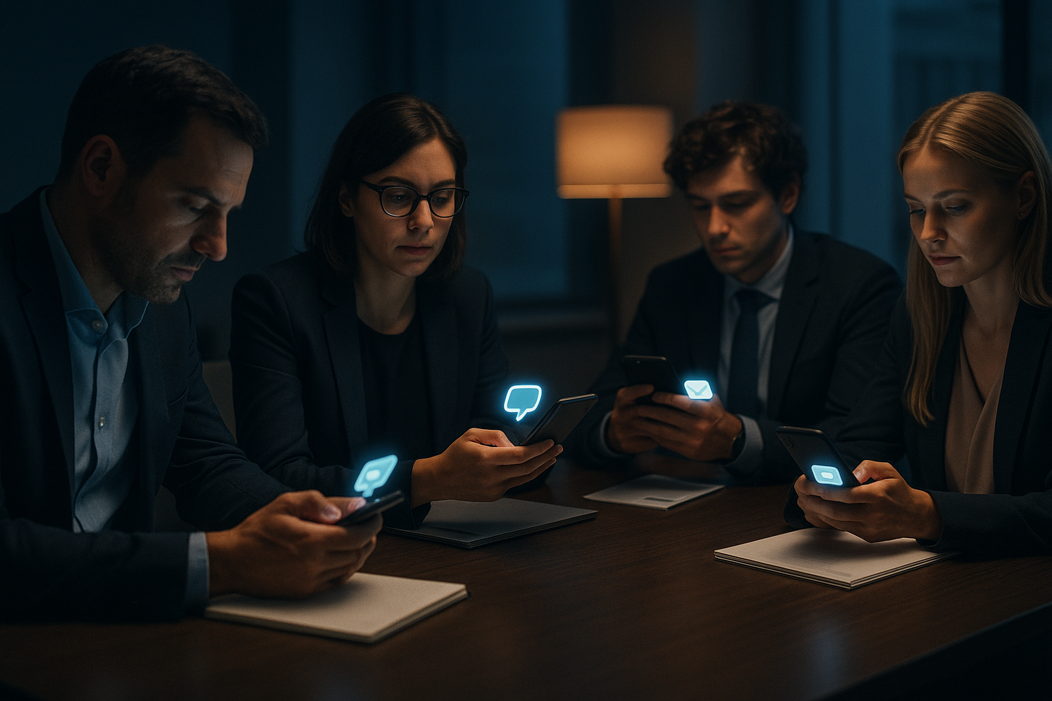 Team distracted by phones during a meeting.