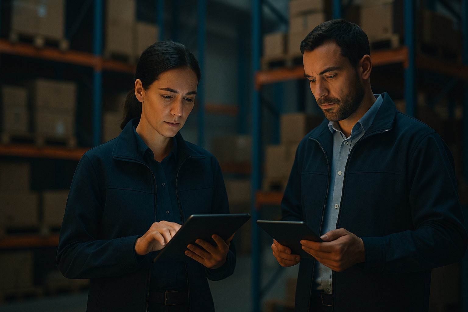 Warehouse managers checking ERP inventory alerts.