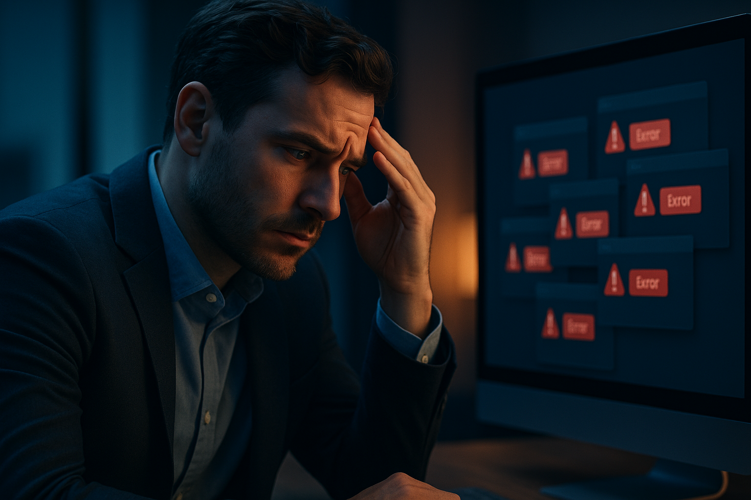 Manager stressed over data errors on screen.