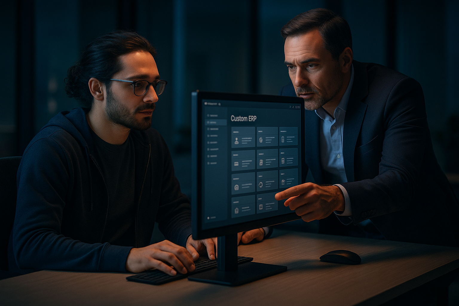 Developer and manager working on custom ERP features.