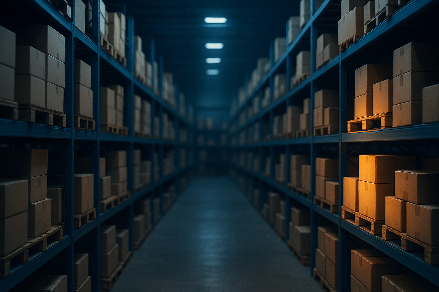 Warehouse shelves filled with unsold inventory.