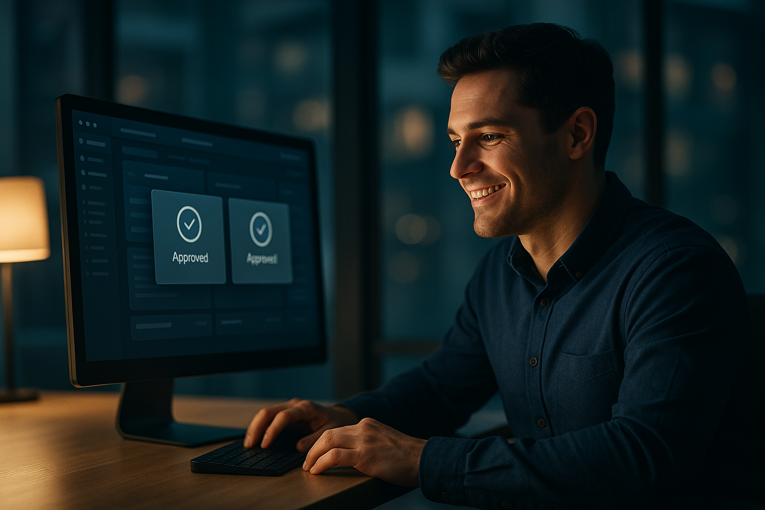 Office worker at a computer with a dashboard showing automated approvals.