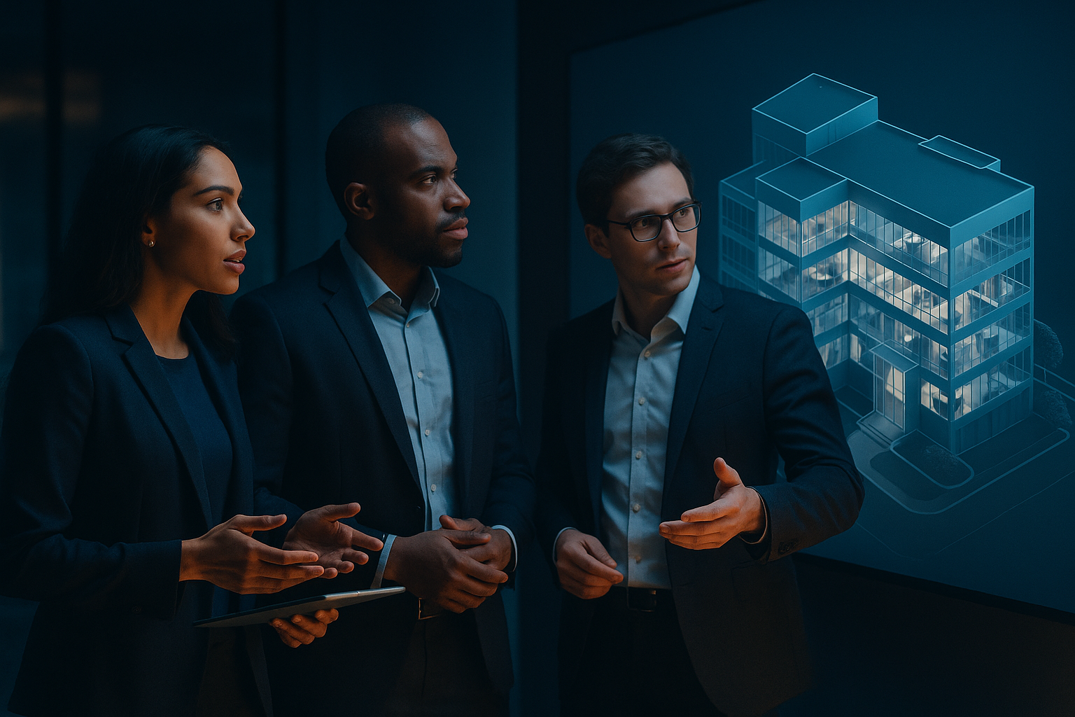 Business analysts discussing digital twin model.