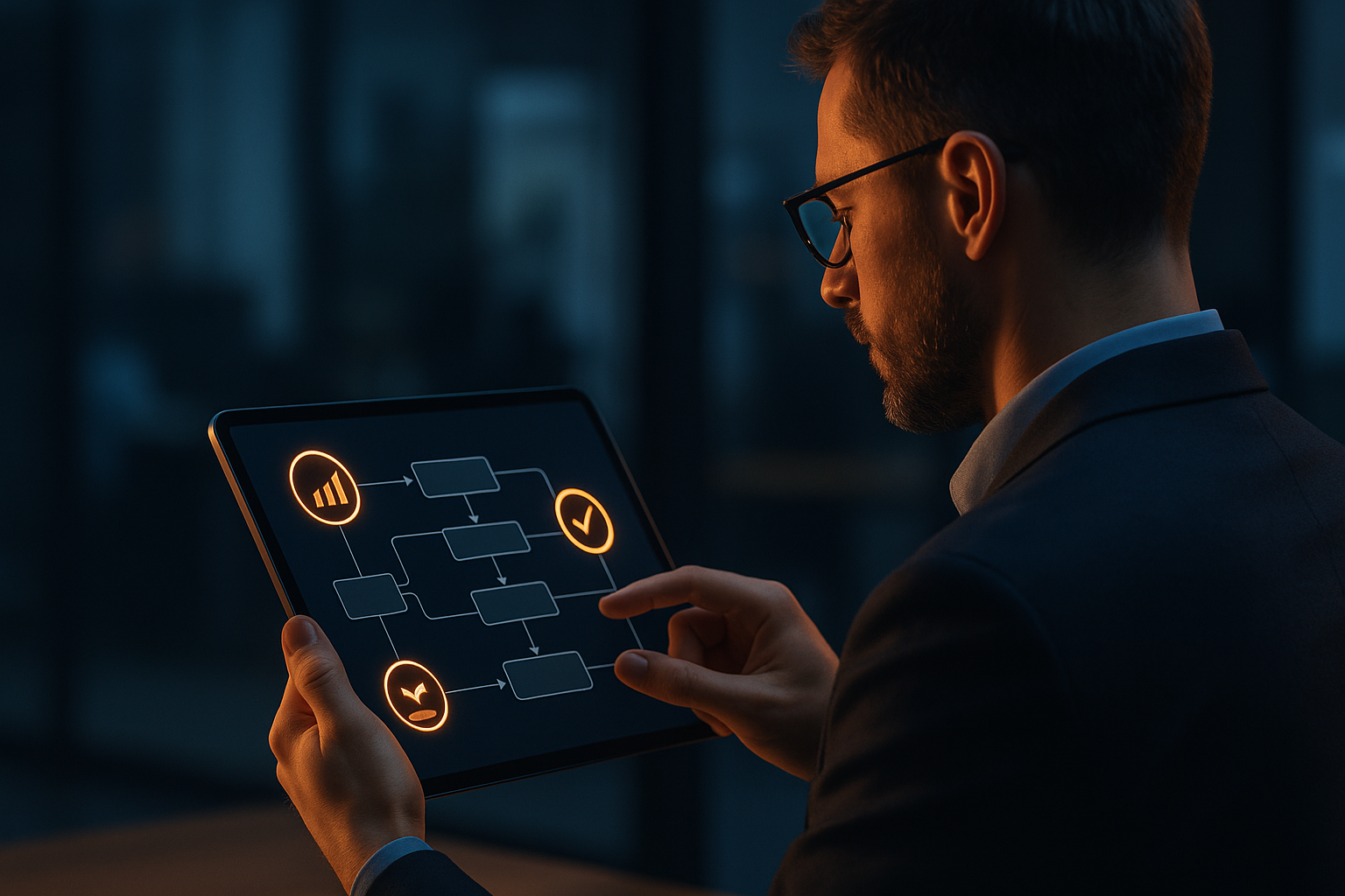 Manager viewing digital twin workflow on a tablet.