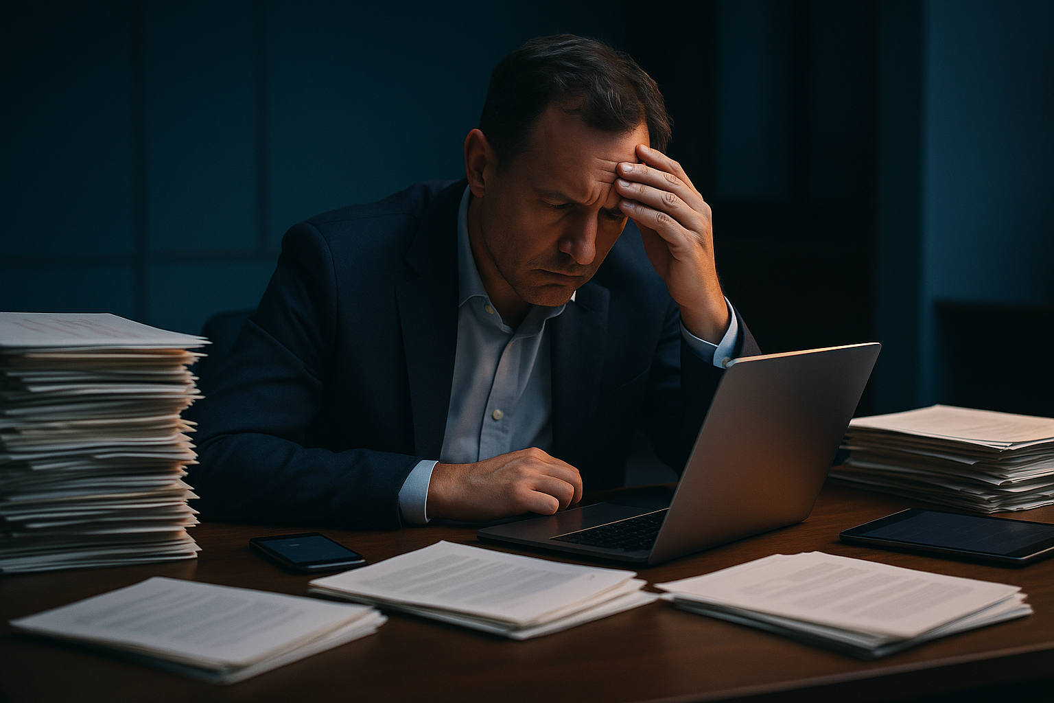 Business owner overwhelmed by paperwork and devices.