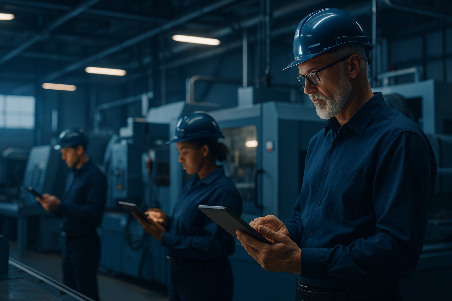 Manufacturing workers using custom ERP on tablets.