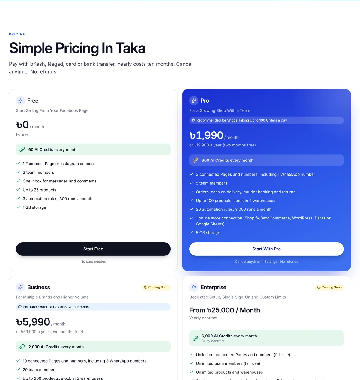 Nabik.ai plans in taka: Free, Pro, Business and Enterprise
